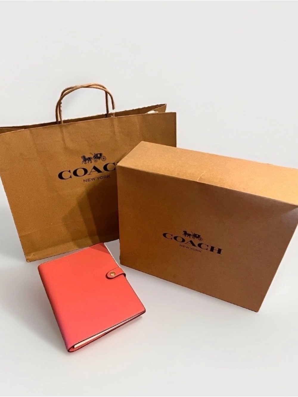 Coach Leather Notebook Journal Cover Coral Pink NIB w Box, Shopping Bag & Paper